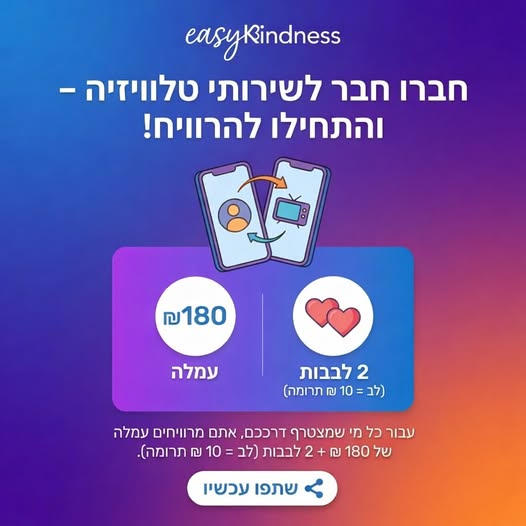 חברו חבר לטלוויזיה – ₪180 + 2 לבבות ❤️